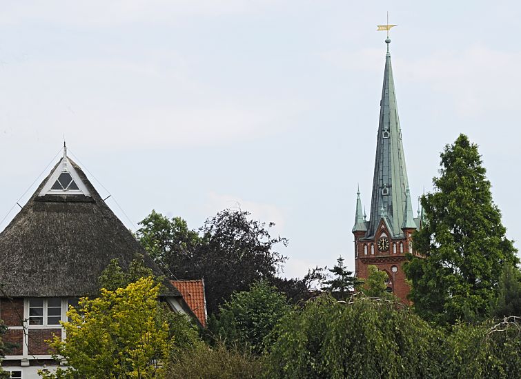 11_17541  Fotos von Hamburg Fotograf fuer hamburgbilder::  links ein strohgedecktes Bauernhaus inmitten von Bumen, rechts der neogotische Turm der Moorfleeter St. Nikolaikirche mit seiner weit sichtbaren Wetterfahne und der Turmuhr.  