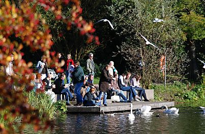 011_15797 - in der Herbstsonne sitzen die Stadtparkbesucher an der Anlegestelle am Stadtparksee und fttern die Schwne. 