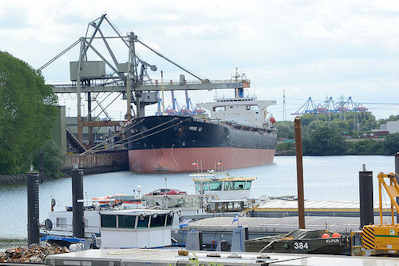 8572 Frachtschiff im Dradenauhafen in Hamburg Waltershof - im Vordergrund Binnenschiff an ihrem Liegeplatz in Hamburg Finkenwerder.