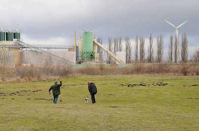 6652 Gewerbegebiet in Hamburg Neuland - Hundeauslaufflche am Grossmoorring - Zementwerk und Windkraftanlage / Windrad.