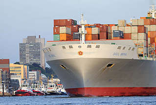 1691 Bug des Containerfrachters OOCL SEOUL im Hamburger Hafen. Am Elbufer die Schlepperliegepltze und Brogebude in Hamburg Neumhlen.