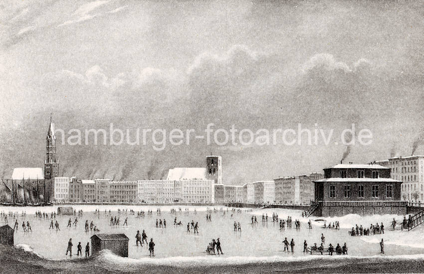 1081_031_9 Hamburgensie - Binnenalster im Winter; Eis auf dem Hamburger Binnensee. Schlittschuhlufer auf dem Eis. Alsterpavillon und St. Jacobikirche sowie der nach dem Hamburger Brand noch nicht fertig gestelllte Kirchturm der St. Petrikirche. 