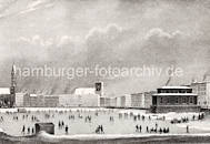 1081_031_9 Hamburgensie - Binnenalster im Winter; Eis auf dem Hamburger Binnensee. Schlittschuhlufer auf dem Eis. Alsterpavillon und St. Jacobikirche sowie der nach dem Hamburger Brand noch nicht fertig gestelllte Kirchturm der St. Petrikirche.