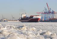 196_5775 Zwei Frachtschiffe verlassen im dichten Eis der Elbe den Hamburger Hafen - rechts die Container - Brücken am HHLA Terminal Burchardkai. Im Vordergrund ist der Elbstrand von Övelgönne mit Eisschollen bedeckt.
