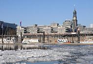 215_5628 Blick ber den eisbedeckten Niederhafen und Sportboothafen am Baumwall Richtung St. Michaeliskirche, eine der fnf Hauptkirchen Hamburg. Das Hamburger Wahrzeichen wird im Volksmund liebevoll " Michel" genannt. Vor dem Verlagsgebude der Gruner + Jahr AG fhrt ein Hochbahnzug zur Haltestelle Baumwall.