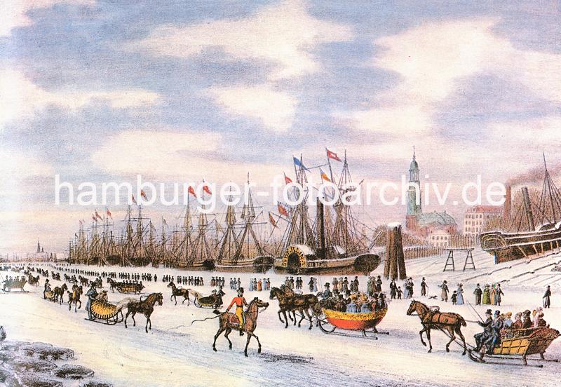 Hamburgensien - historische Hamburg Bilder; zugefrorene Elbe ca. 1833. Hamburger Fotoarchiv. 219_2_022_25 Die Segelschiffe liegen eingefroren auf der Elbe - die Hamburger Bürger und Bürgerrinnen gehen auf der zugefrorenen Elbe spazieren. Andere fahren mit Pferdeschlitten auf dem Elbeis - oder reiten zu Pferde. Im Hintergrund die St. Michaeliskirche.