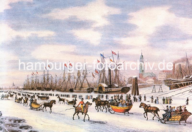 Hamburgensien - historische Hamburg Bilder; zugefrorene Elbe ca. 1833. Hamburger Fotoarchiv. 219_2_022_25 Die Segelschiffe liegen eingefroren auf der Elbe - die Hamburger Brger und Brgerrinnen gehen auf der zugefrorenen Elbe spazieren. Andere fahren mit Pferdeschlitten auf dem Elbeis - oder reiten zu Pferde. Im Hintergrund die St. Michaeliskirche. 