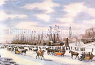 219_2_022_25 Die Segelschiffe liegen eingefroren auf der Elbe - die Hamburger Bürger und Bürgerrinnen gehen auf der zugefrorenen Elbe spazieren. Andere fahren mit Pferdeschlitten auf dem Elbeis - oder reiten zu Pferde. Im Hintergrund die St. Michaeliskirche.