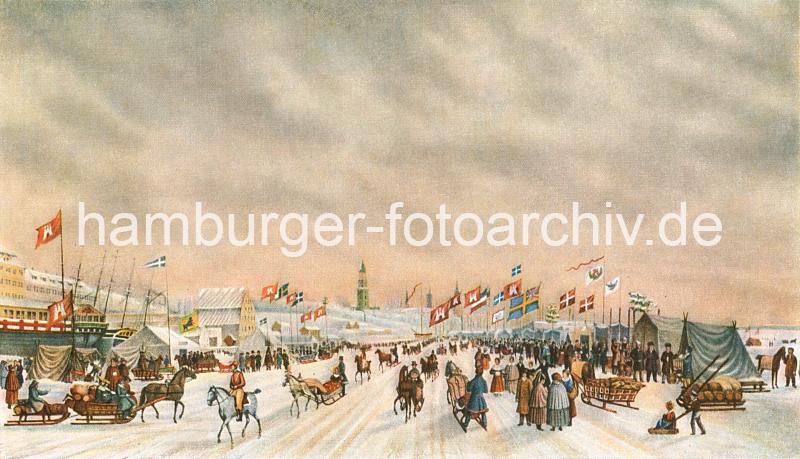 Hamburgensien - historische Hamburg Motive; Zelte auf dem Eis, Pferdeschlitten alte Hamburg Bilder. 219_3_27_31 Auf der zugefrorenen Elbe sind Zelte aufgebaut; Hamburger und Altonaer Einwohnner flanieren auf dem Eis der Elbe. Ein Junge schiebt einen Schlitten mit seiner kleinen Schwester, weitere Schlitten werden von Pferden über das Eis gezogen - im Hintergrund Kirchtürme der Hansestadt Hamburg .
