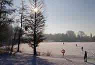 274_1010037 Die Wintersonne steht hinter den kahlen Bumen am Stadtparksee - einige Spaziergnger gehen zu Fuss oder mit Skiern ber den zugefrorenen See. Der Rettungsring am Seeufer wirft einen langen Schatten auf den Rundweg um den See.