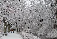 289_1010060 Spaziergänger gehen auf dem verschneiten Wanderweg entlang der Alster Höhe Hamburg Poppenbüttel durch die idyllische Winterlandschaft. Die Zweige und Äste der kahlen Bäume sind mit Schnee bedeckt. 
