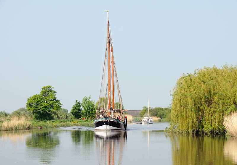 Fotos von dem Fluss Este im Alten Land. Ewer WILHELMINE VON STADE unter Motor in Fahrt flussabwärts auf der Este. 038_7455 Der Ewer WILHELMINE ist ein flachbodiger Frachtsegler, der die Waren aus dem Alten Land auf die Märkte der umliegenden Städte brachte. Die Masten sind klappbar, so können die Transportschiffe auch niedrige Brücken passieren. Der Ewer WILHELMINE wurde 1912 auf einer Werft an der Pinnau gebaut und von 1981 - 85 aufwändig restauriert.