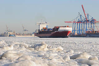 195_5795 Blick vom vereisten Ufer bei Hamburg Oevelgoenne ber die Elbe die mit Treibeis bedeckt ist. Am Container Terminal Burchardkai liegt ein Frachter der Reederei Hamburg Sd - im Hintergrund die Containerbrcken des Waltershofer Hafens