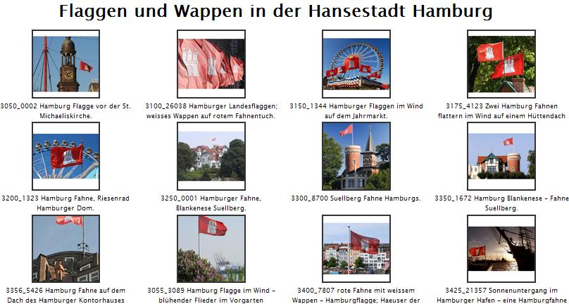 Die Landesflagge Hamburgs zeigt die Wappen-Burg auf rotem Grund. Die Staatsflagge ist dem Senat vorbehalten. Sie zeigt das groe Wappen mit weier Umrahmung auf rotem Grund und wurde 1897 geschaffen. Eine schwarz-rot-golden unterlegte Staatsflagge bildet den Stander, der vom Ersten Brgermeister und dem Brgerschaftsprsidenten bei Staatsbesuchen am Fahrzeug gefhrt wird. Das kleine Staatswappen zeigt eine weie (bzw. silberne) Burg in rotem Schild und geht auf die Stadtsiegel des 12. und 13. Jahrhunderts zurck. Der mittlere Turm, auf dem ein Kreuz steht, wird als Hinweis auf den Sitz eines Bischofs und als Darstellung des mittelalterlichen Mariendoms gedeutet, welcher der Schutzpatronin der Stadt geweiht war und von der auch die „Mariensterne“ ber den Seitentrmen ihren Namen haben sollen.