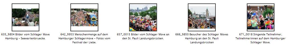 Schlagermove Hamburg - mehr als 40 geschmckte Trucks fahren auf der Parade des Hamburger Schlagermove vom Heiligengeistfeld ber die Landungsbrcken und dem St. Pauli Fischmarkt zum Spielbudenplatz. Zwischen 300 000 und 500 000 im Stil der 1970er Jahre geschmckten Besucher und Besucherinnen sumen die Strecke des Konvois, der nach dem Motto "Ein Festival der Liebe" dekoriert ist und singen die alten deutschen Schlager mit, die von den fahrenden Lastwagen drhnen.